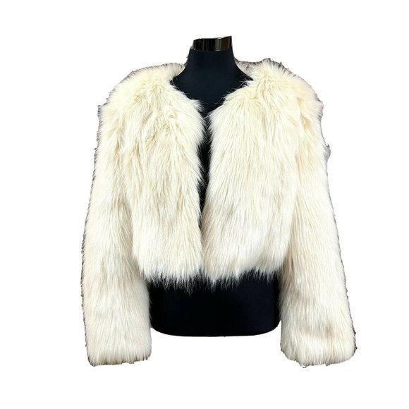 AKIRA CHICAGO Jackets & Blazers - AKIRA Chicago Red Label Faux Fur Jacket Open Front Fully Lined Ivory Women Sz L.